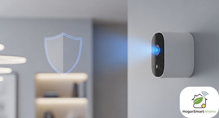 Cámara de seguridad inteligente en un hogar moderno, con luz azul y un icono de escudo