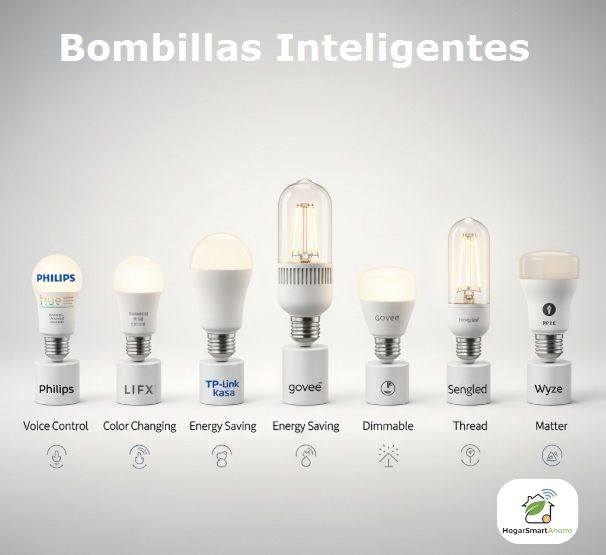 Comparativa de las mejores bombillas inteligentes de 2025 de marcas como Philips Hue, TP-Link y Govee Hogar Smart Ahorro